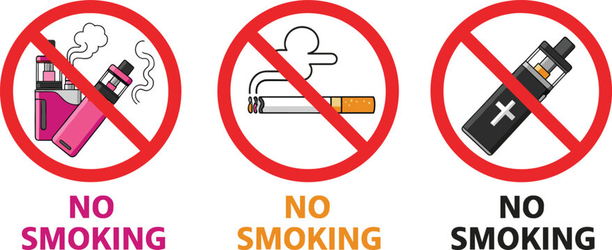 No Smoking and No Vaping Warning Sign Set Featuring Electronic Cigarettes, Traditional Lit Tobacco Products, and Red Prohibition Circle Symbols