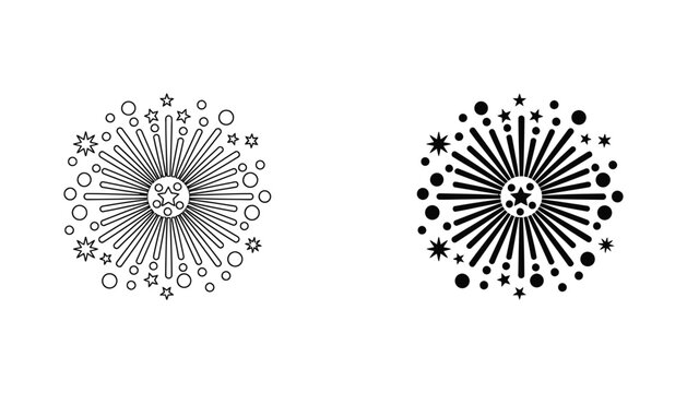 Festive firework explosion icon set featuring round firework display in line art and solid black styles for holiday celebrations and event marketing concepts isolated on white background