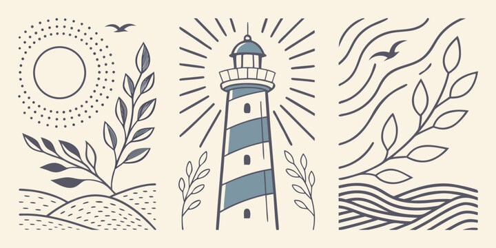 Coastal lighthouse scenery with sun and ocean waves linear illustration