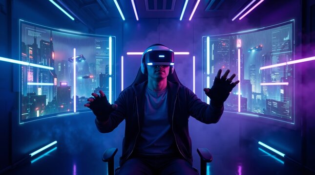 A man wearing a virtual reality headset sitting in front of two monitors