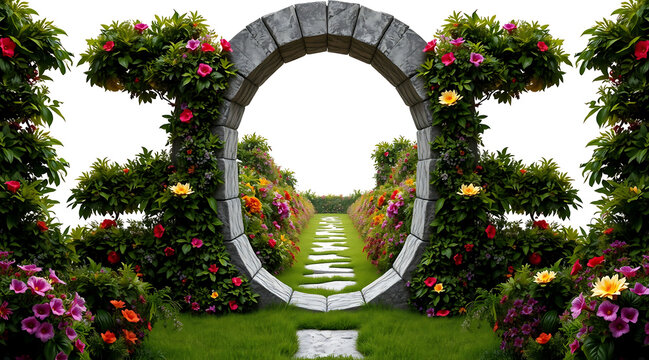 Stone keyhole archway in flowering garden with floral hedges and stepping stone path leading into sunlit meadow