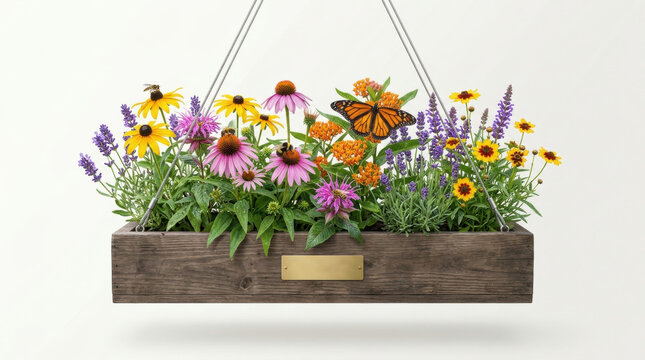 Rustic wooden hanging planter filled with vibrant native wildflowers including lavender black eyed susan and purple coneflowers.