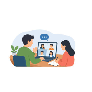 Flat vector illustration of a virtual meeting for remote work collaboration