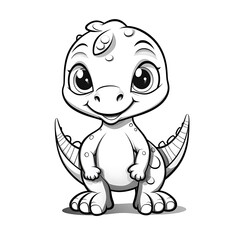 Obraz premium Adorable black and white line art drawing of a happy baby dinosaur with big eyes, perfect for a children's coloring book activity.
