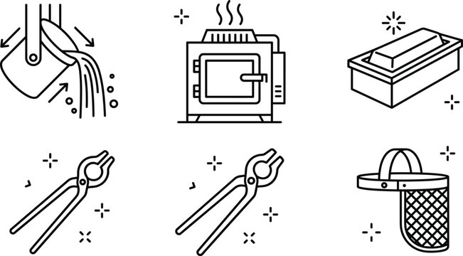 Metal Smelting Foundry Vector Icon Set with Kiln Furnace Crucible Ingot Mold Tongs and Face Shield
