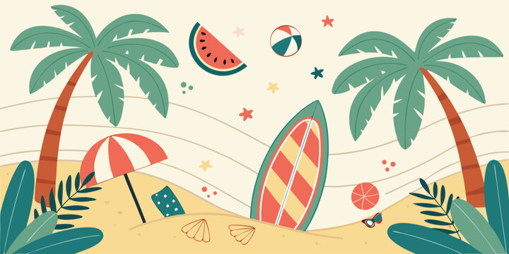 Beach vacation banner with palm trees and surfboard illustration
