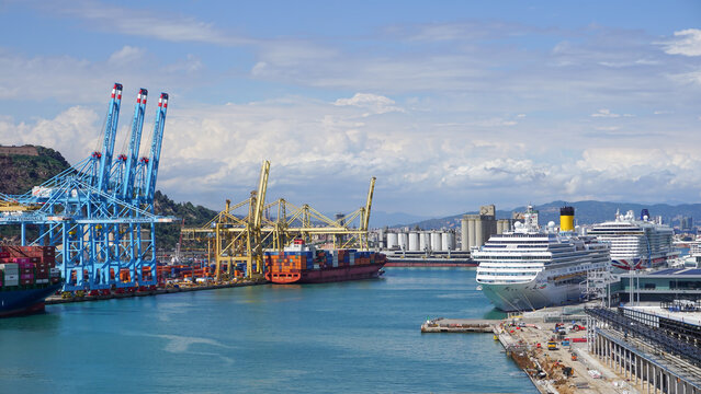 Barcelona, Spain - May 5, 2026: Aerial view of an container ship docked at a container terminal.