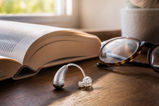Hearing aid and glasses on table with open book, close-up of assistive technology in home setting