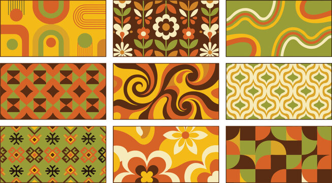 Retro 1970s seamless pattern banners set with psychedelic swirls groovy flowers geometric lines and vintage orange green wallpaper textures vector