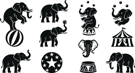 Circus Elephant Silhouette Vector Icon Set with Juggling Balls Big Top Tent and Performance Stage Graphic Elements © MdAungur