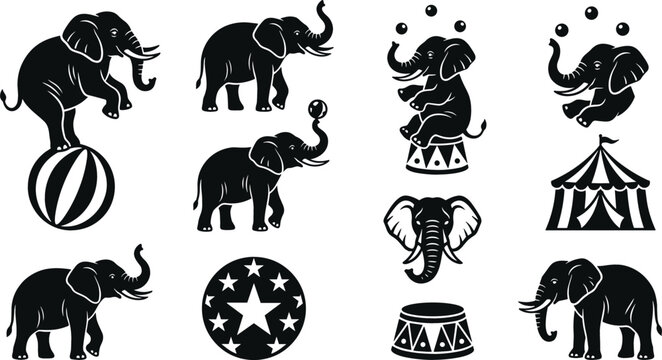 Circus Elephant Silhouette Vector Icon Set with Juggling Balls Big Top Tent and Performance Stage Graphic Elements