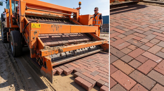 Industrial Automatic Brick Laying Machine Paving A Road With Interlocking Red Stones At Construction Site