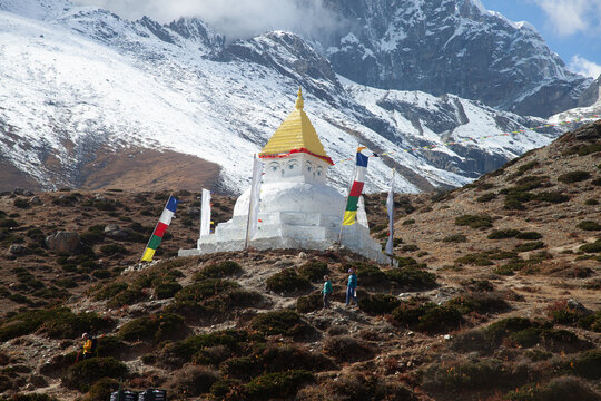 Beautiful white stone Stupa with Budda eyes in Himalayas, Nepal