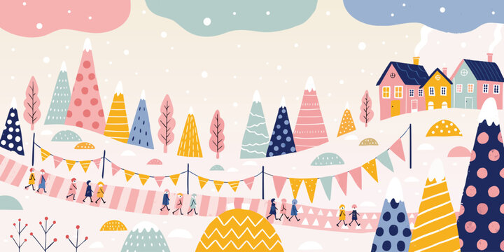 Festive winter festival with colorful trees and happy people