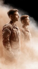 Fototapeta premium Silhouettes of soldiers standing in smoke and dramatic light, military operation concept, security and defense theme.