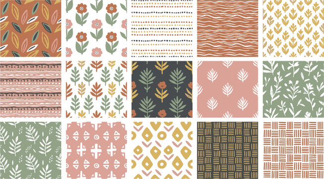 Boho abstract seamless pattern collection with hand drawn botanical leaves folk flowers geometric shapes and rustic textures in earthy tones vector