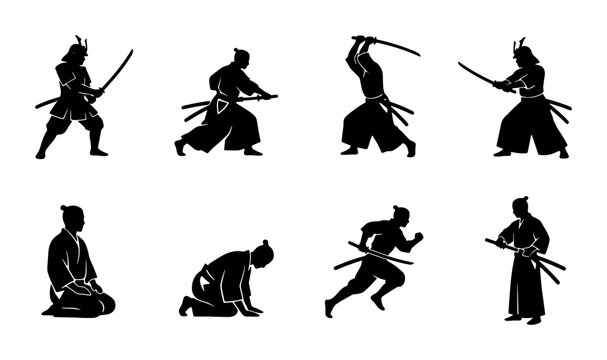 Samurai Warrior Silhouettes, Japanese Martial Arts Poses, Vector Set of Ancient Bushido Fighters in Action