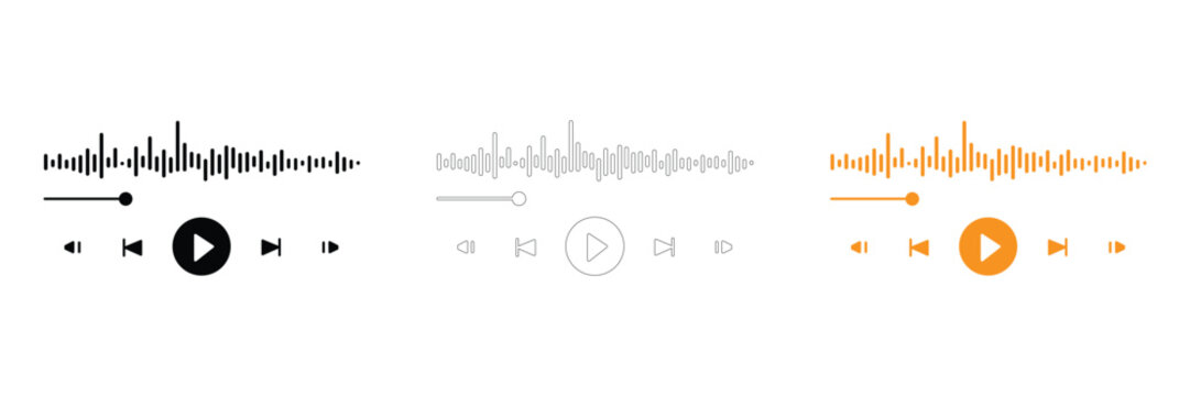 Music player icons with play buttons and sound waves on white background