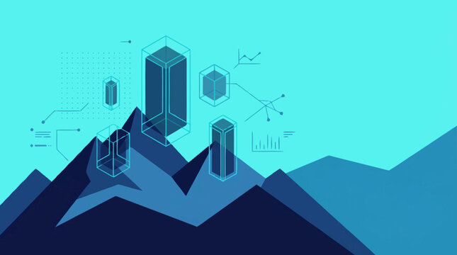 Abstract digital data processing network on mountain peaks.