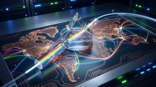 Close up of a glowing fiber optic network map on a server board with a glass prism refracting light rays for a modern technical data center visual