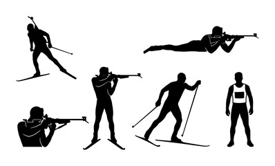 Biathlon Athlete Silhouettes, Winter Sport Action Poses, Skiing and Shooting Graphics, Competitive Winter Sports Vector Illustrations © Imran