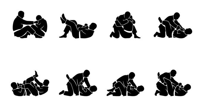 Jiu Jitsu Grappling Techniques, Martial Arts Combat Poses, Brazilian Jiu Jitsu Moves, Combat Sports Action Icons, Vector Set