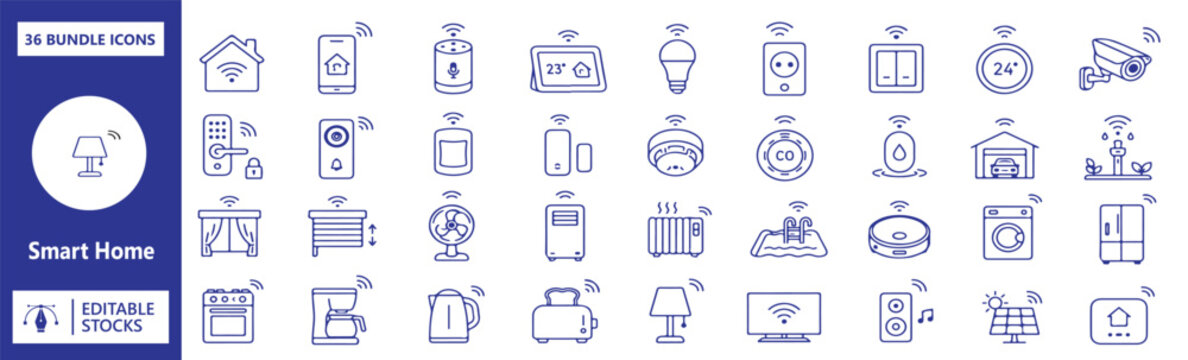 Set of 32 Smart Home icons Each icon will be different, create a vector outline icons using white background and black color 