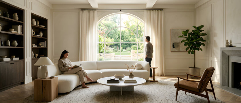 Modern luxury living room interior with couple and garden view