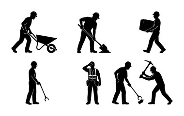 Naklejka premium Construction Worker Silhouettes, 6 Vector Icons Set: Building, Digging, Carrying, Laborer, Safety Vest, Tools, Manual Labor, Industry, Manual Work, Construction Site