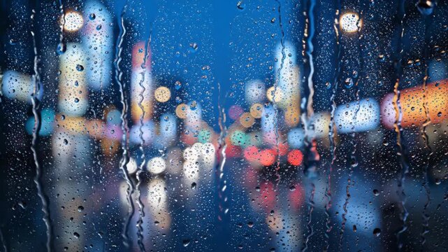 Rainy City Window Reflection on Cinematic Night Glass of Emotional Urban Light Bokeh with Moody Storytelling Atmosphere