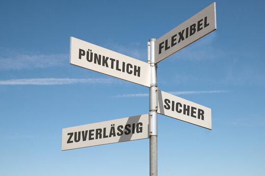 Qualit&auml;tsmerkmale. Wegweiser mit zentralen Werten oder Eigenschaften im Dienstleistungssektor.