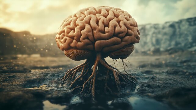 A human brain grows like a tree from the ground with roots in a surreal landscape, with a soft, faded background.