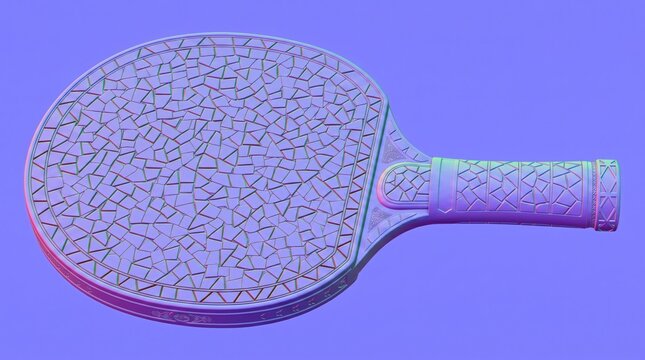 A 3D design normal map of an ornate mosaic ping pong paddle texture, displaying surface depth and geometric detail in standard purple, blue, and pink color channels.