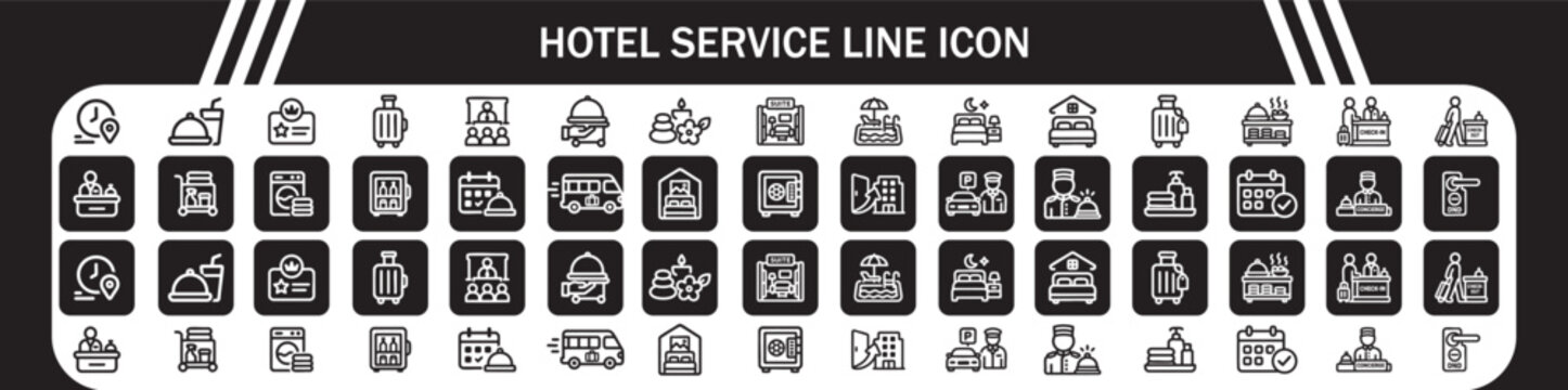 Black and white line art icon collection of hotel service bell symbols integrated with computer keyboard keys for digital and print use.