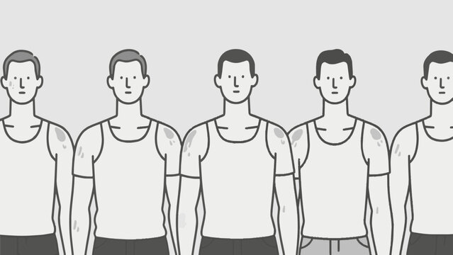 Sweaty men in tank tops with patches on their arms. Monochrome vector illustration of body odor, deodorant, or fitness concept.