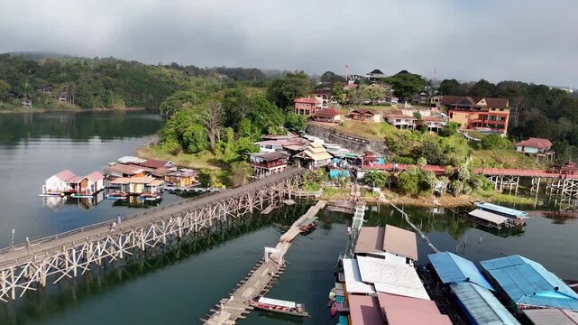 Aerial view of Mon Bridge or Uttamanusorn Bridge in Sangkhlaburi, Kanchanaburi Province, Thailand