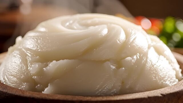 Closeup of a steaming bowl of ugali a staple African cornmeal porridge.