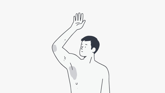 Simple illustration of a man checking his armpit odor and sweat on black background