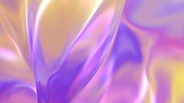 Abstract holographic liquid fluid background with metallic sheen. Smooth flowing waves of purple, pink, and yellow gold gradients. 4K digital motion graphics loop.