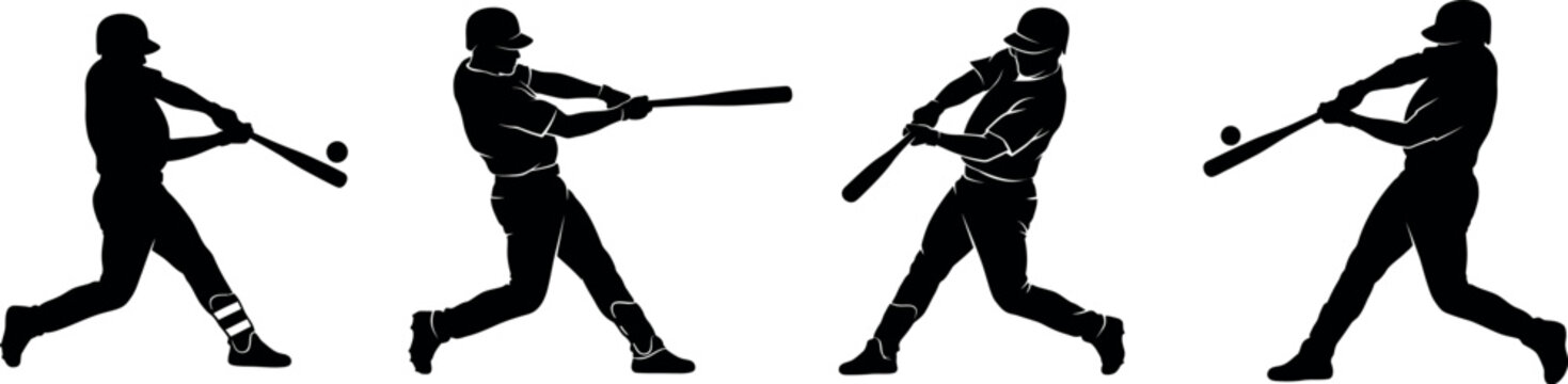 Baseball player silhouette swinging bat in four stages