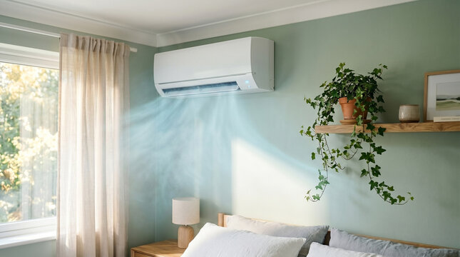 Modern air conditioning unit installed on a green wall in a cozy bedroom with a bed