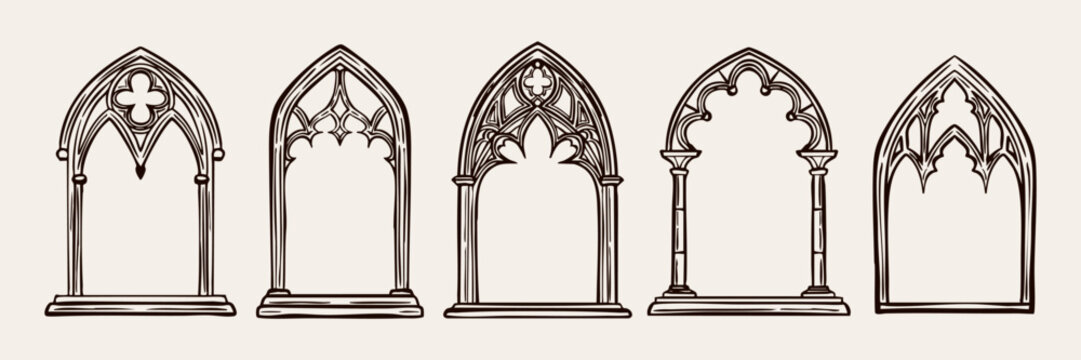Hand drawn gothic frames collection with decorative borders and ornamental shapes. Vintage architecture outline vector set.