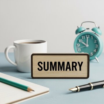 Summary table, coffee, clock, and notebook on desk