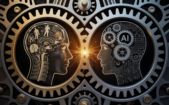 Human brain vs artificial intelligence conceptual steampunk illustration
