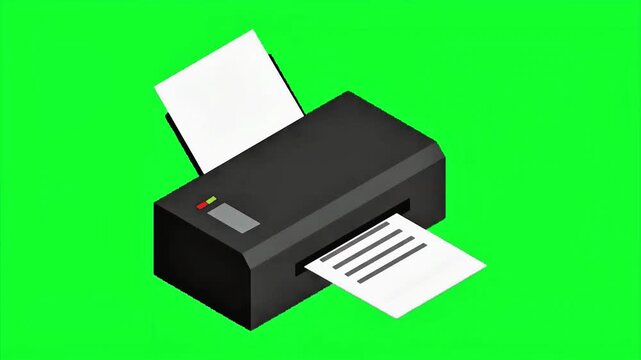Isometric Office Inkjet Printer Machine Printing Paper Animation on Green Screen