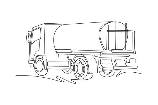 Continuous one line drawing back view of city maintenance water tanker truck. It cylindrical liquid container tank, robust chassis, and side wheels. Single line draw design vector graphic illustration