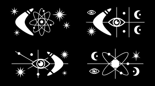 Minimalist vector illustration set featuring mystical symbols like boomerangs atoms eyes and glowing celestial stars