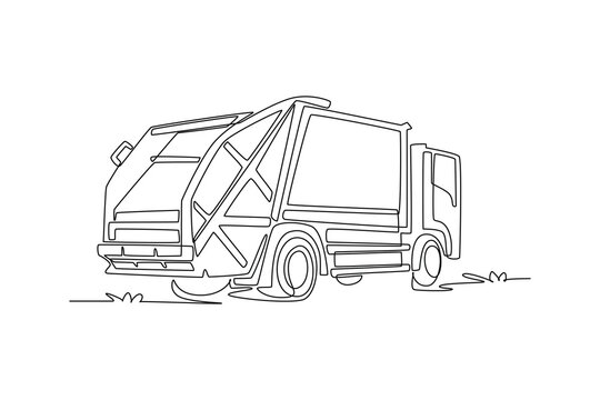 Single continuous line drawing back view of city garbage truck. Showcasing large waste collection compactor container and front driver cabin. Dynamic one line draw graphic design vector illustration