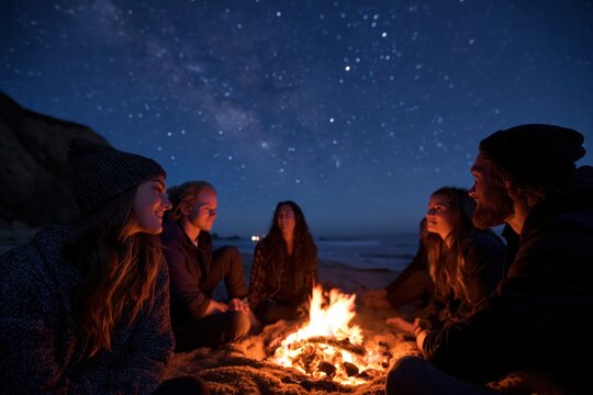 Friends enjoying beach campfire under starry night sky