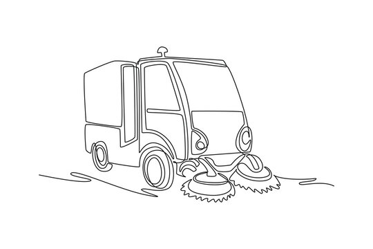 Single one line drawing compact street sweeper truck, showing the front cabin, rotating brushes at the bottom, and waste collection compartment. Continuous line draw design graphic vector illustration